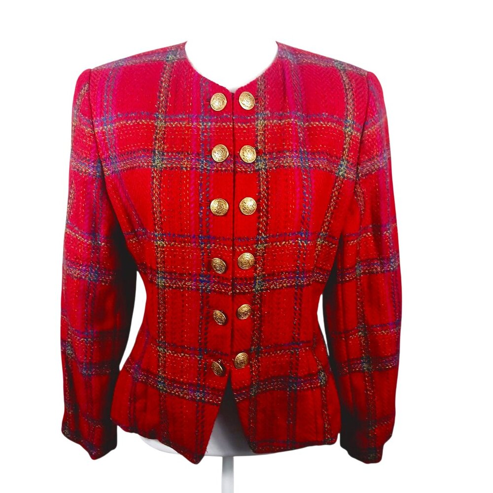 Linda Allard Ellen Tracy 8P Red Plaid Tweed Jacket Gold Buttons w/ Chain Classic